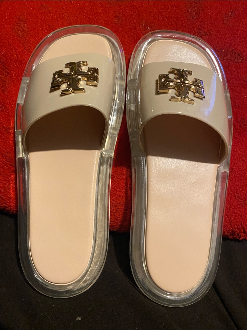 Tory Burch Patent Nude Slide Sandals with Gold Logo